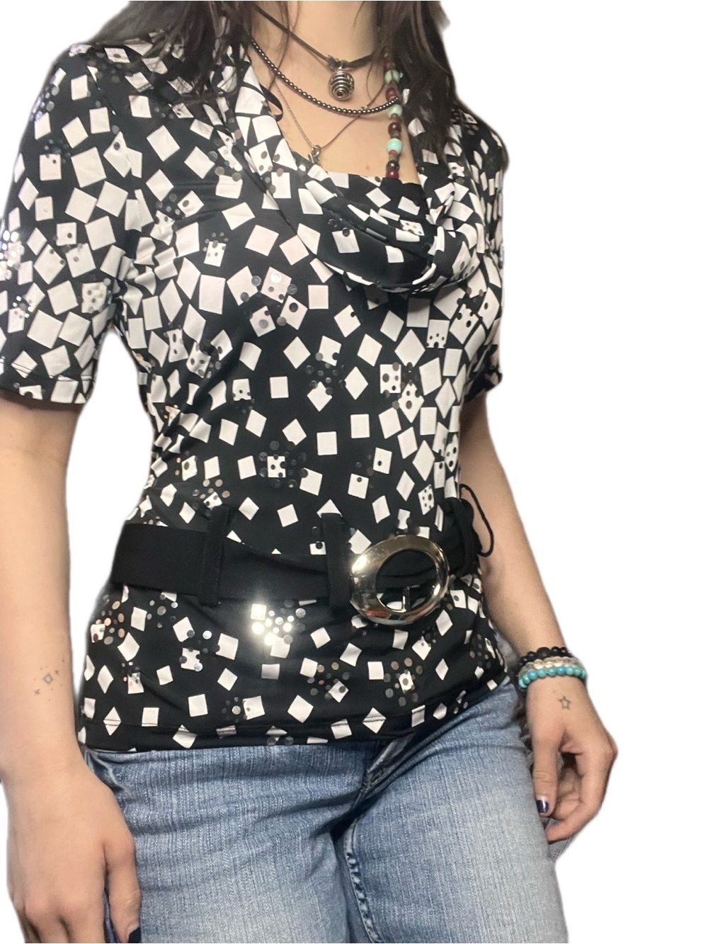 Jessica Y2K Geometric Print Cowl Neck Top Size 10